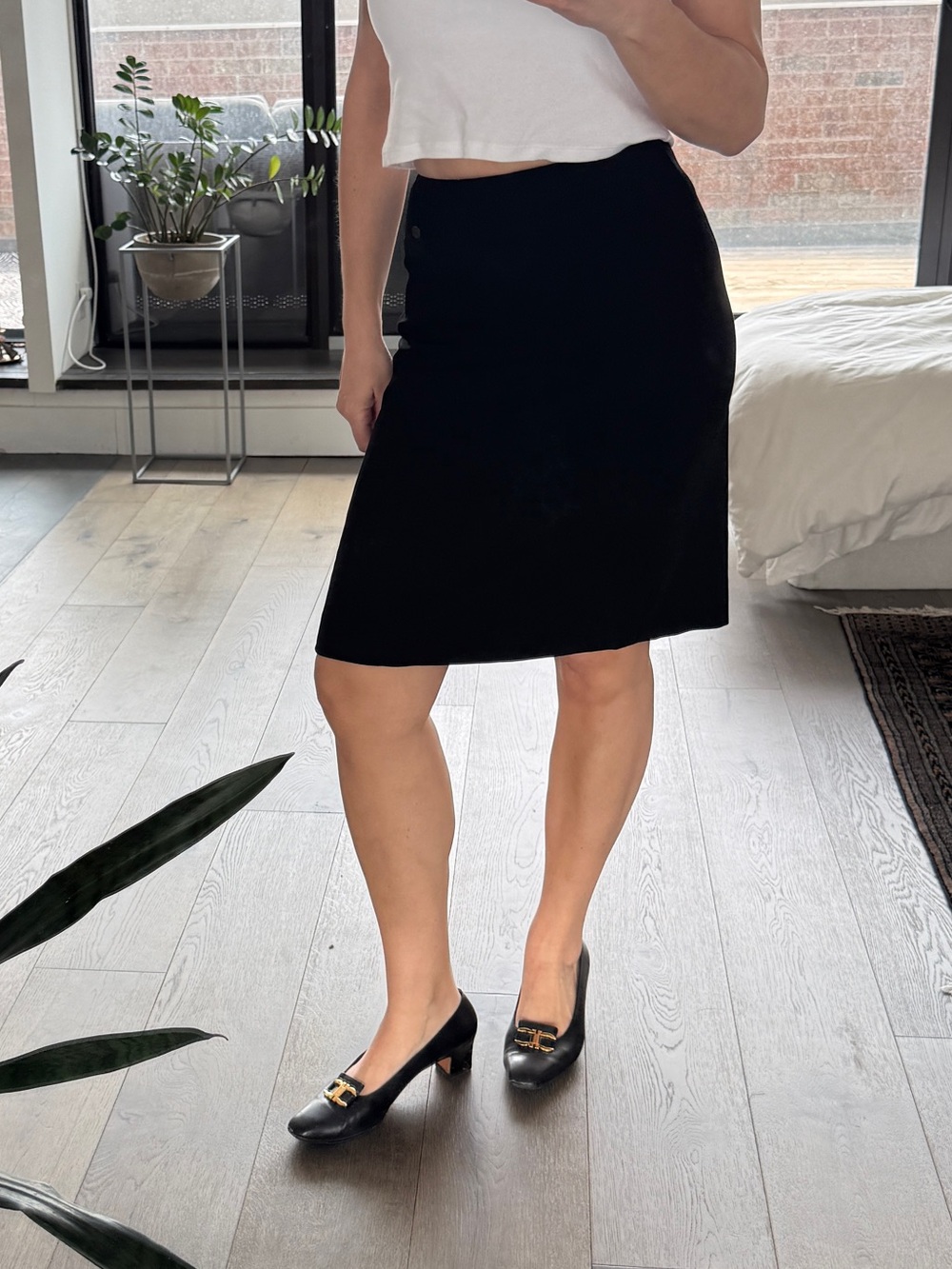 Chanel Black Mini Skirt, Stretch Wool Blend, CC Button Detail